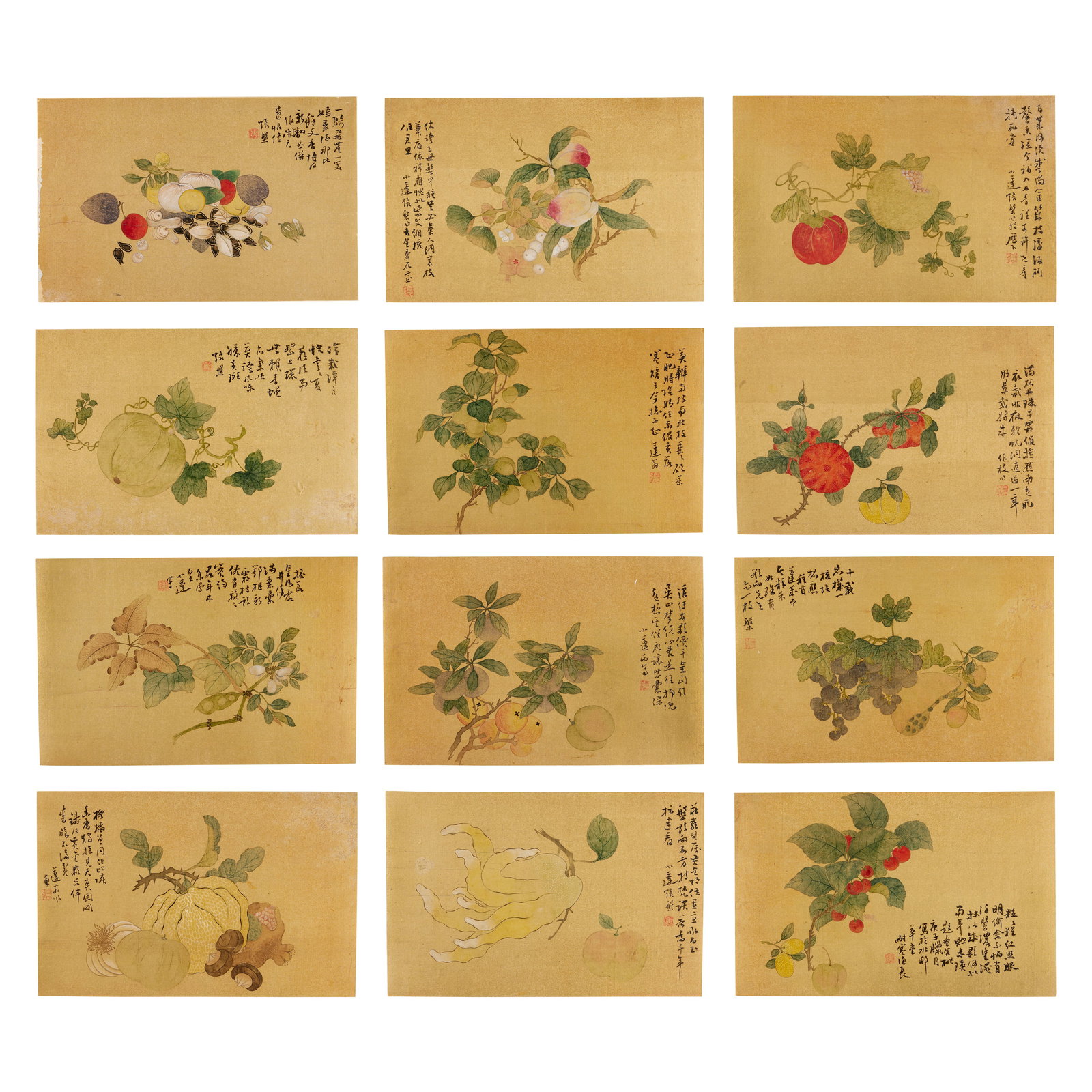 ZHANG PAN (1812-1889) Fruits: ZHANG PAN (1812-1889) Fruits Album of twelve leaves, ink and colour on silk. 20cm (7 7/8in) high x 31cm (12 3/16in) wide. Footnotes: 張槃 瓜果圖 冊頁十&