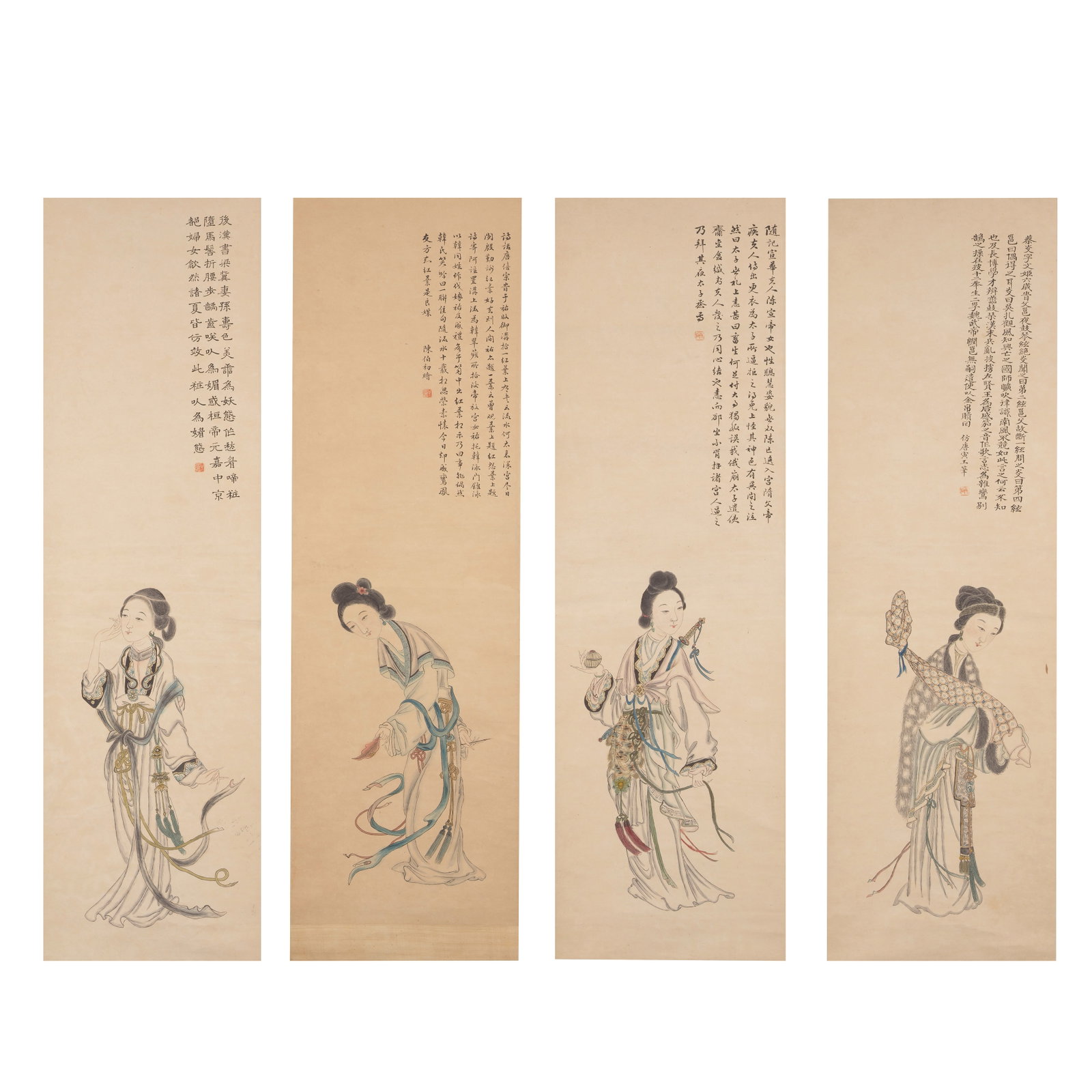 CHEN BOCHU Ladies (5): CHEN BOCHU Ladies Ink and colour on paper, four hanging scrolls, wood box. Each 112.6cm (44 5/16in) high x 32.7cm (12 7/8in) wide. (5). Footnotes: 陳伯初 仕女圖