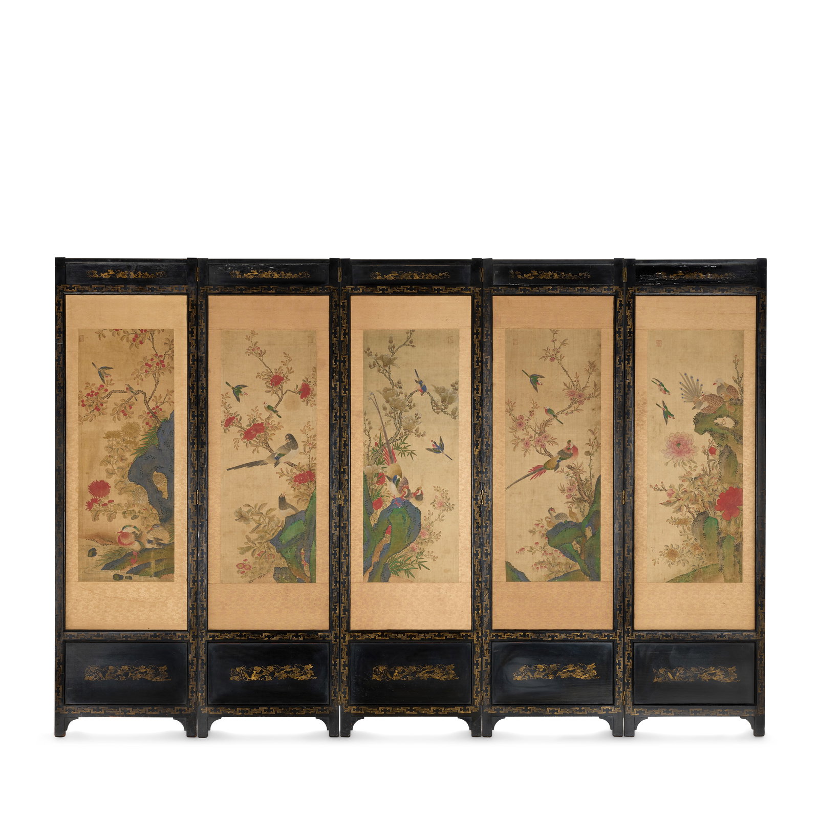 A FIVE-PANEL 'BIRD AND FLOWERS' FOLDING SCREEN Late Qing Dynasty: A FIVE-PANEL 'BIRD AND FLOWERS' FOLDING SCREEN Late Qing Dynasty Comprising a set of five painted panels, ink and colour on silk, depicting a variety of birds amongst flowering plants and blossoming t