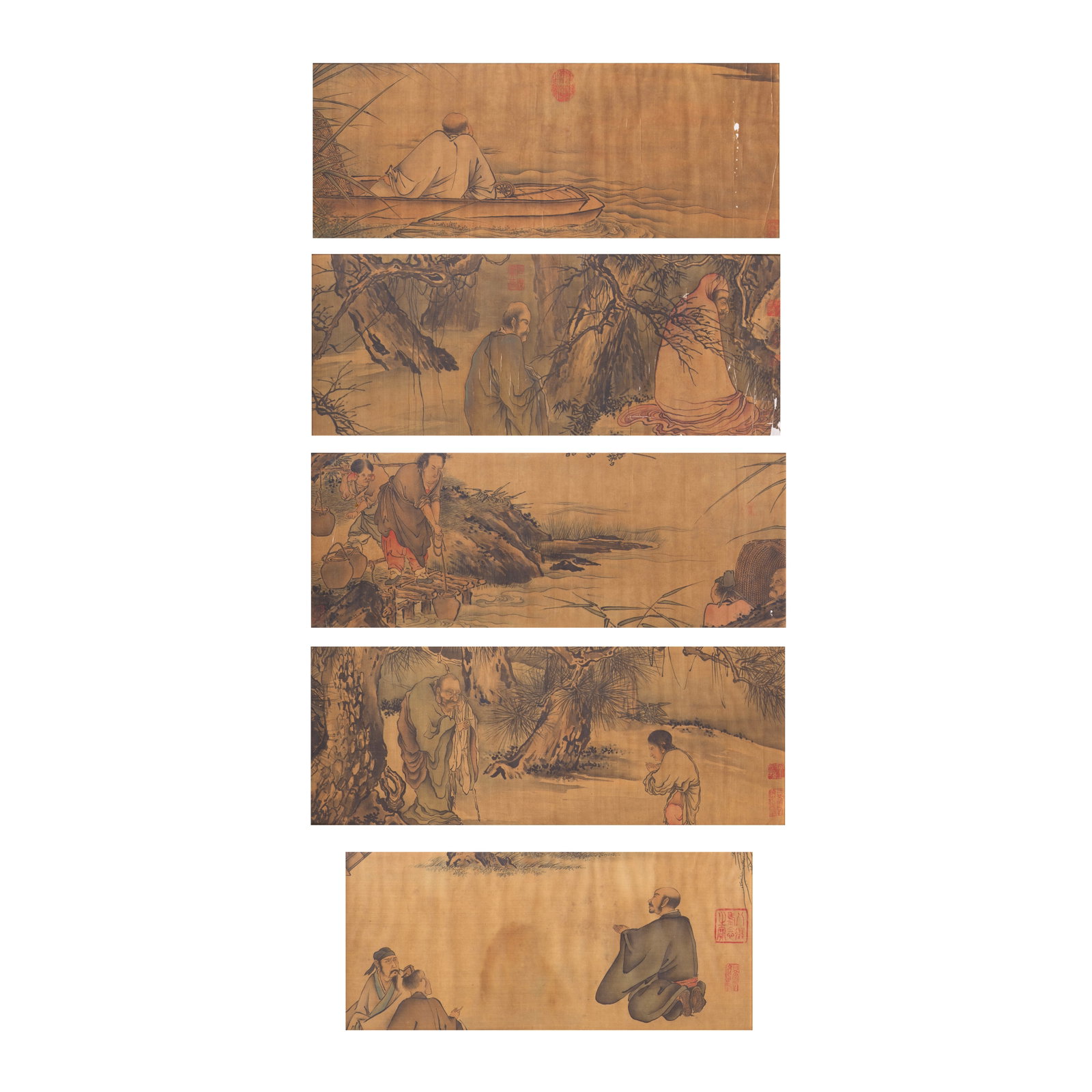 AFTER LIANG KAI (ACTIVE EARLY 13TH CENTURY) Eight monks (6): AFTER LIANG KAI (ACTIVE EARLY 13TH CENTURY) Eight monks Five fragmented sections of a handscroll, ink and colour on silk, framed and glazed; and eight colophon fragments from the same handscroll, ink 