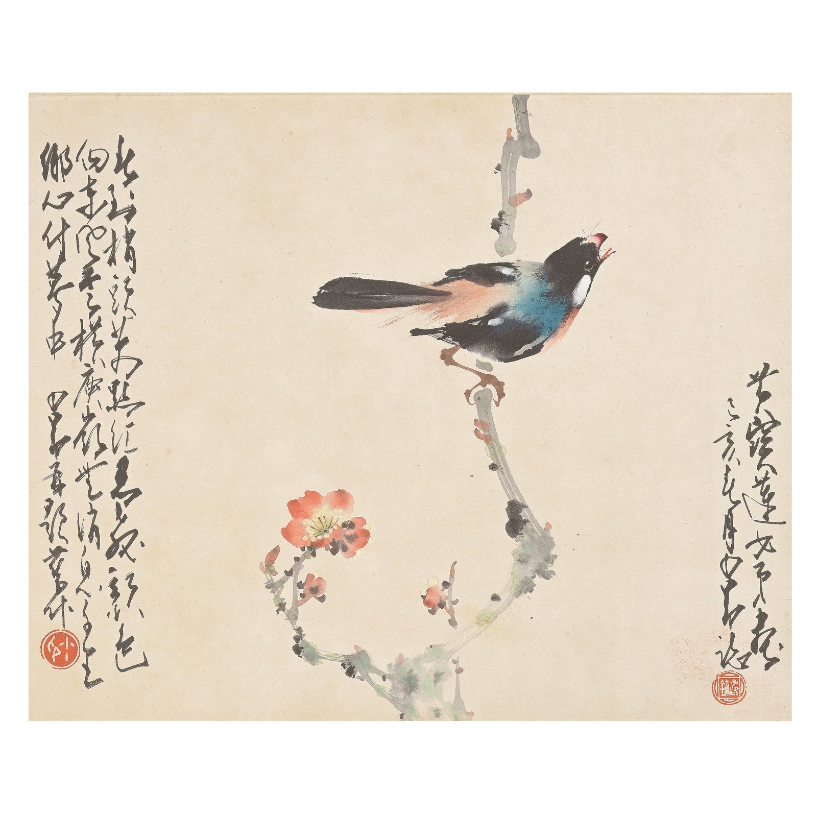 ZHAO SHAO'ANG (1905-1998); HUANG BAOLIAN Bird on a prunus branch: ZHAO SHAO'ANG (1905-1998); HUANG BAOLIAN Bird on a prunus branch Ink and colour on paper, partially mounted, dated jihai year, corresponding to 1959. 30cm (12in) high x 37cm (14 5/8 in) wide. Fo