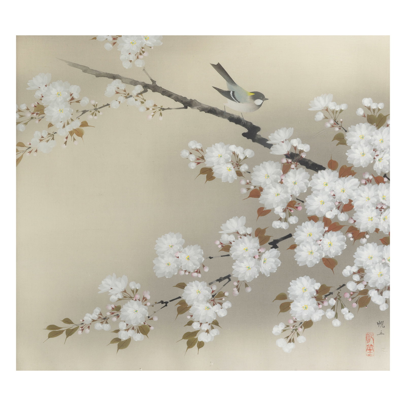 YAMADA HANKYU (1908-1989) A bird and blossoms: YAMADA HANKYU (1908-1989) A bird and blossoms Ink and colour on silk, framed and glazed, signed and sealed Hankyu. 45.3cm (17 13/16in) high x 50.5cm (19 7/8in) wide. Footnotes: 山田帆