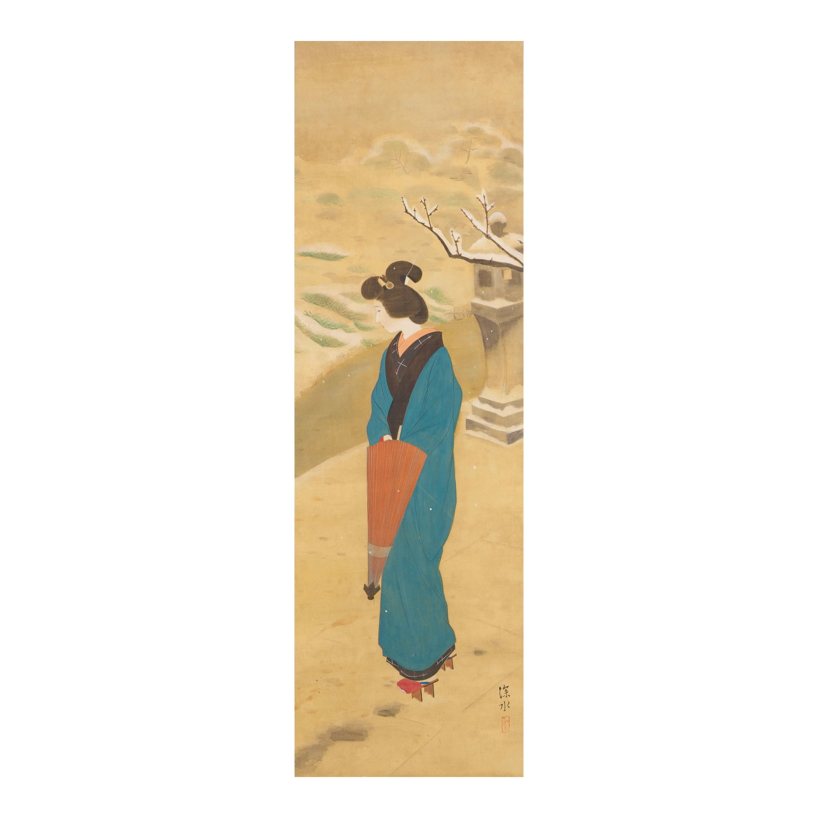ATTRIBUTED TO ITŌ SHINSUI (1898-1972) Bijin in the snow: ATTRIBUTED TO ITŌ SHINSUI (1898-1972) Bijin in the snow Hanging scroll, painted in sumi, gofun and colour on silk, signed Shinsui and with seal. 110cm (43 1/4in) high x 34.5cm (13 5/8in) wide. Fo