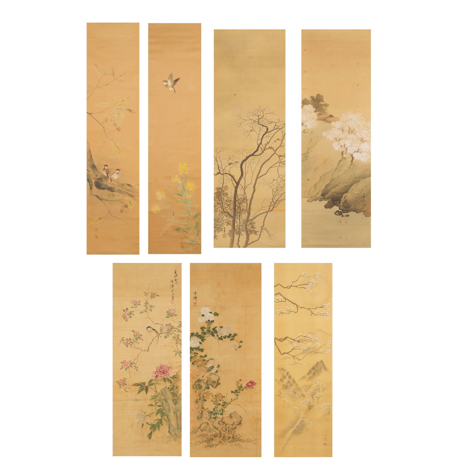HIRAMA TANRYŌ (1901-); MASUYAMA SESSAI (1754-1819); TATEWAKI TAIZAN (1886-1970); TAKAHASHI ...: HIRAMA TANRYŌ (1901-); MASUYAMA SESSAI (1754-1819); TATEWAKI TAIZAN (1886-1970); TAKAHASHI KYOKA Birds and flowers Ink and colour on silk (scrolls by Sessai, Kyoka and Tanryo); ink and colour on 