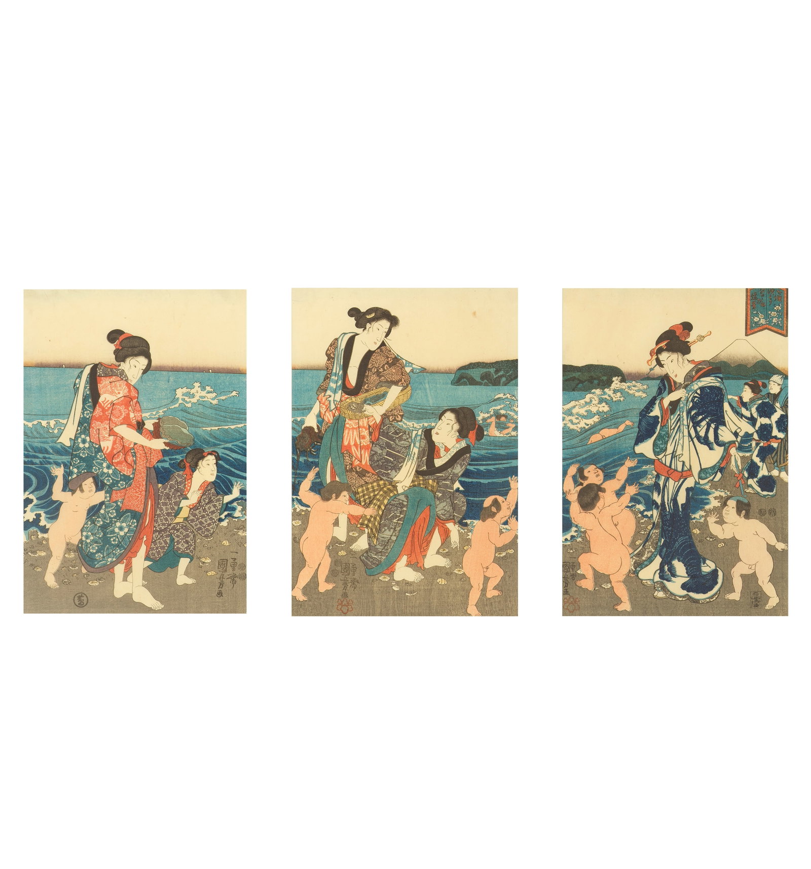 UTAGAWA KUNIYOSHI 歌川国芳 (1797-1861) Edo period: UTAGAWA KUNIYOSHI 歌川国芳 (1797-1861) Edo period An ōban tate-e triptych, titled Shichirihama yori Enoshima no enkei (View of Enoshima from Shichirihama Beach), signed Ic