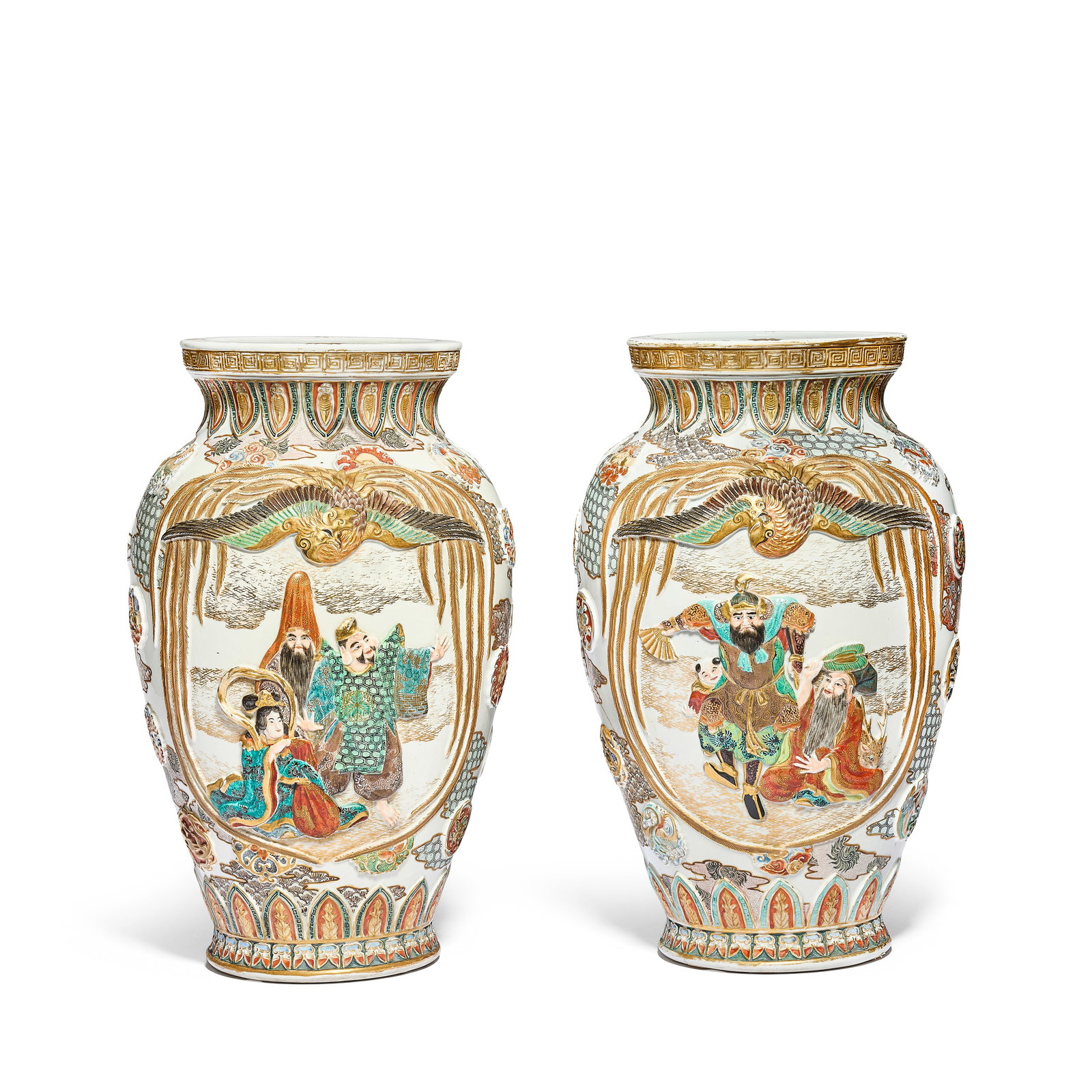 A PAIR OF LARGE MOULDED 'IMMORTALS' VASES Meiji period (2): A PAIR OF LARGE MOULDED 'IMMORTALS' VASES Meiji period Each decorated in relief with three Immortals within a shaped panel on one side and a panel enclosing geese and flowers next to a riverscape on t