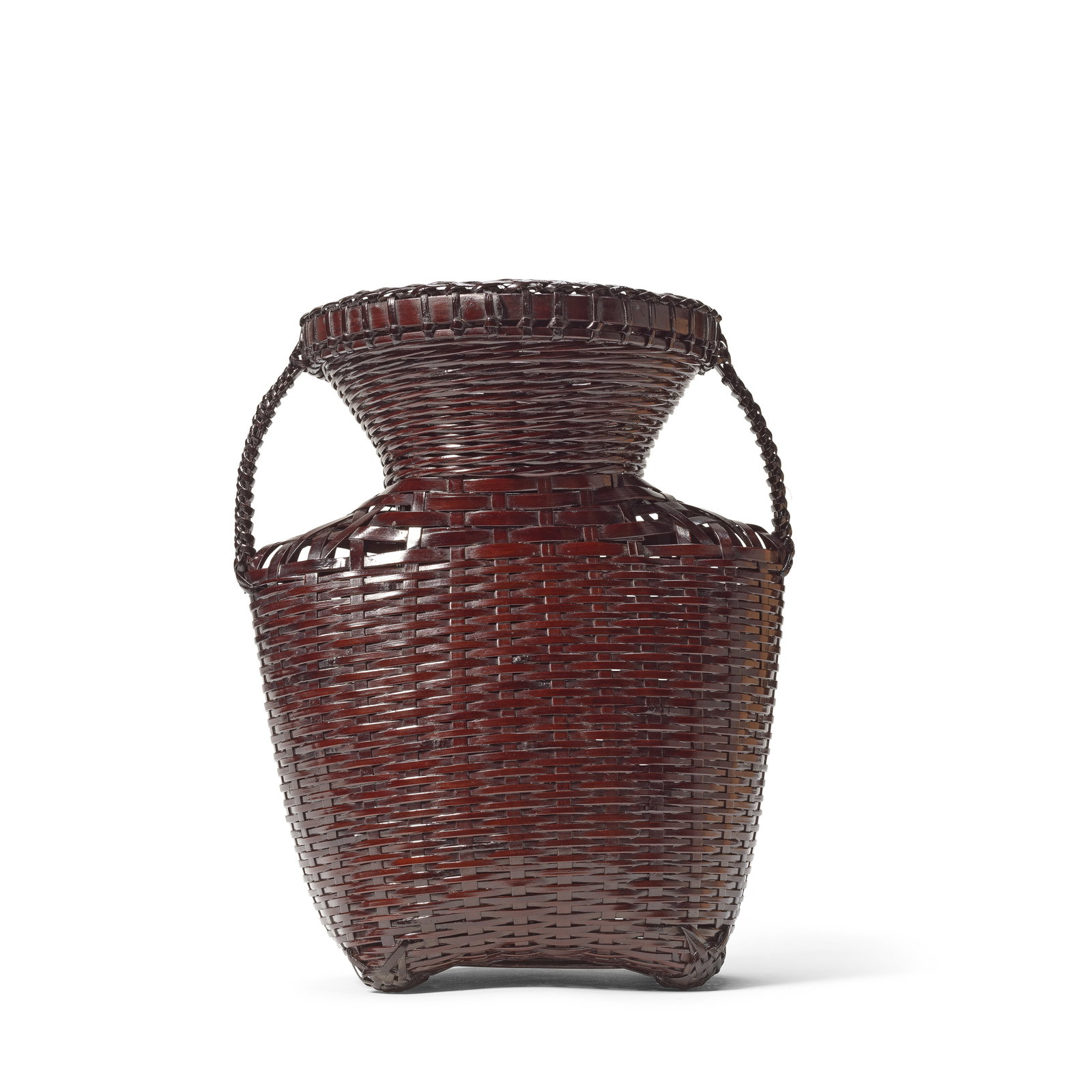 SUEMURA SHOBUN (1917-2000) Showa period (1926-1989) (3): SUEMURA SHOBUN (1917-2000) Showa period (1926-1989) Hanging flower basket, dyed timber bamboo, woven in mat plaiting, wrapping and knotting, flanked by a pair of handles and a loop at the neck for han