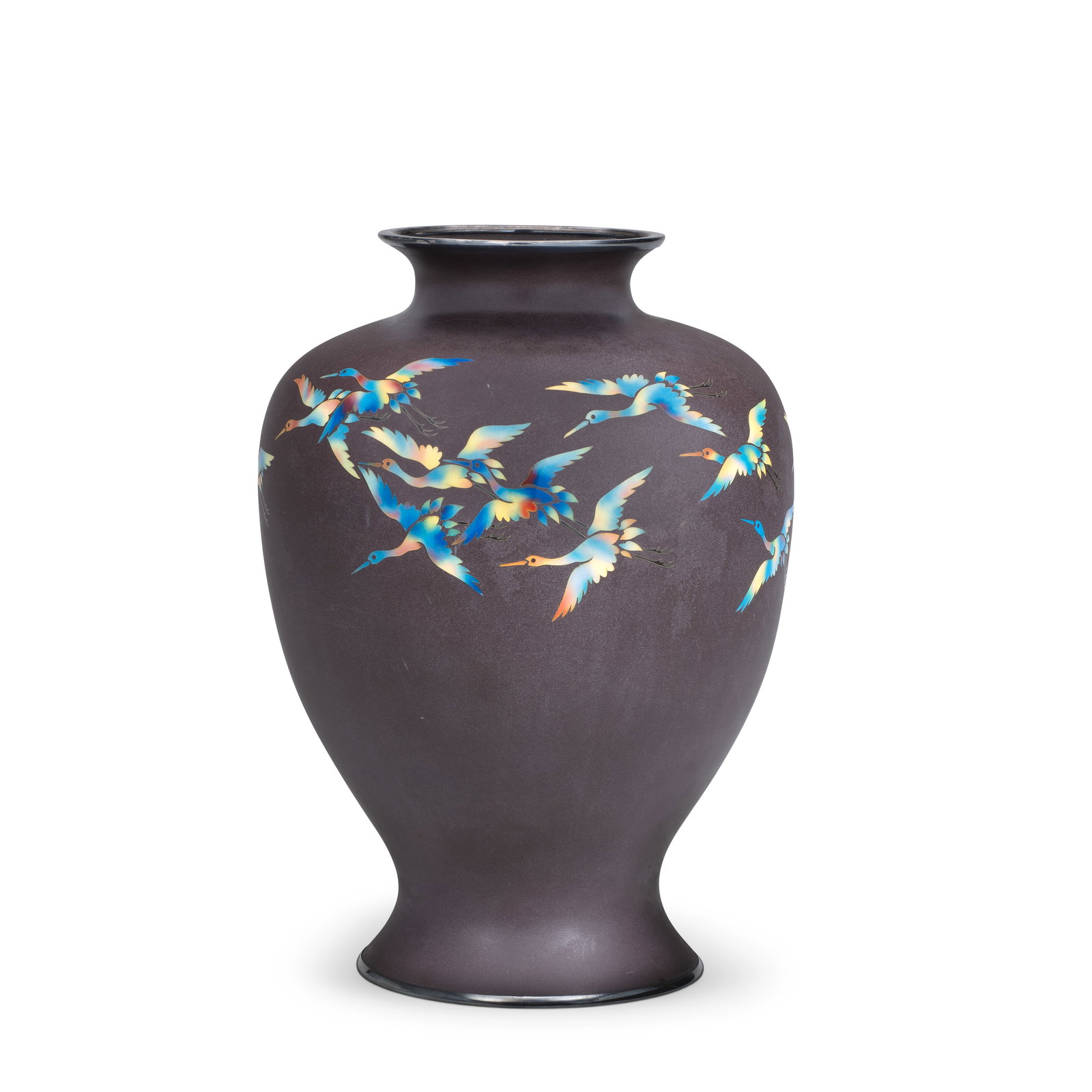 A CLOISONNÉ ENAMEL 'CRANE' VASE By Ando Jubei (1876-1953), Showa period (1926-1989), circa ...: A CLOISONNÉ ENAMEL 'CRANE' VASE By Ando Jubei (1876-1953), Showa period (1926-1989), circa 1930 The metal bodied vase of elegant baluster shape rising from a spreading foot to swelling shoulders 