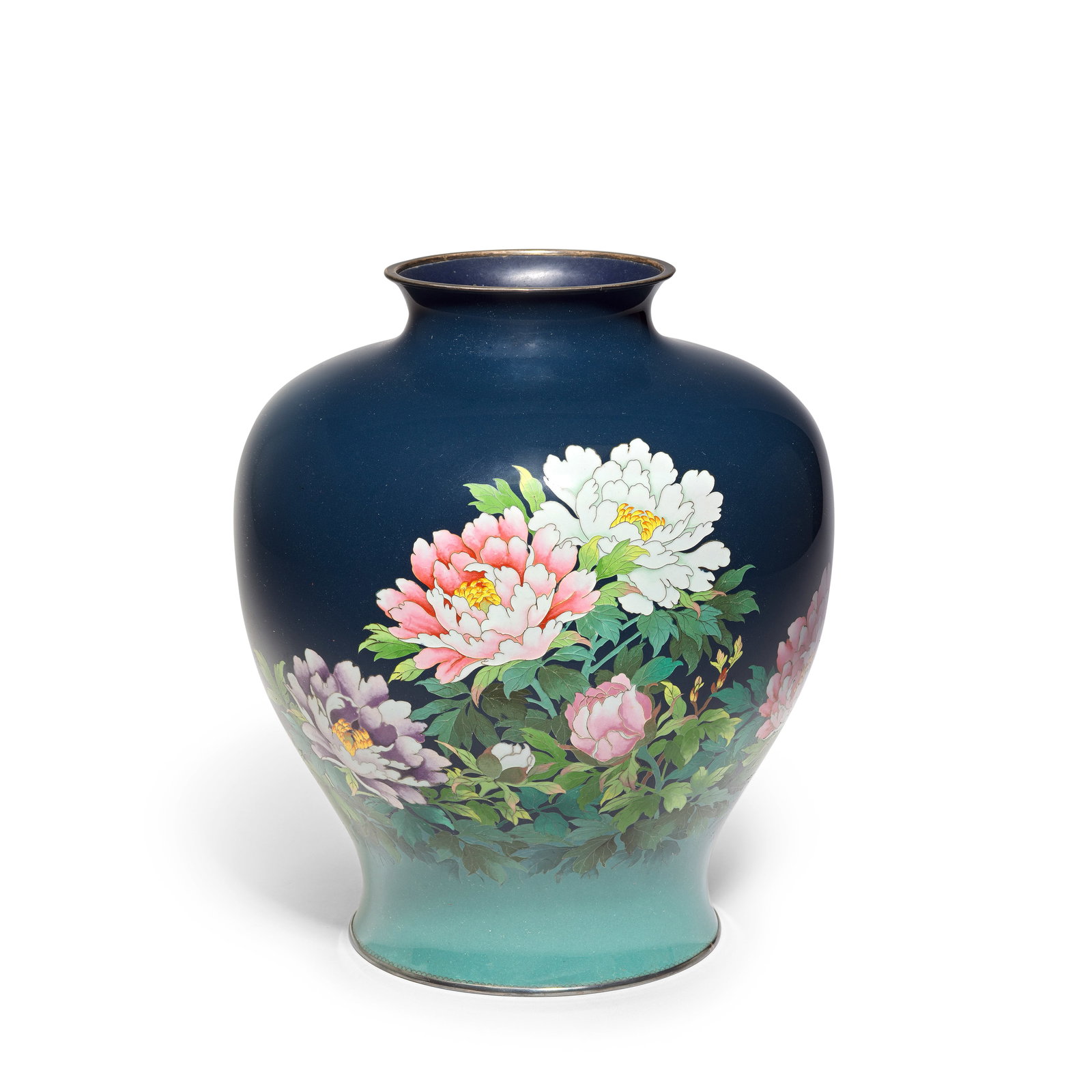 A CLOISONNÉ ENAMEL FLORAL VASE Taisho period (2): A CLOISONNÉ ENAMEL FLORAL VASE Taisho period Of baluster form with a gently flared neck and foot, finely enamelled in silver wire around the body with a frieze of leafy flowering peony blooms in 