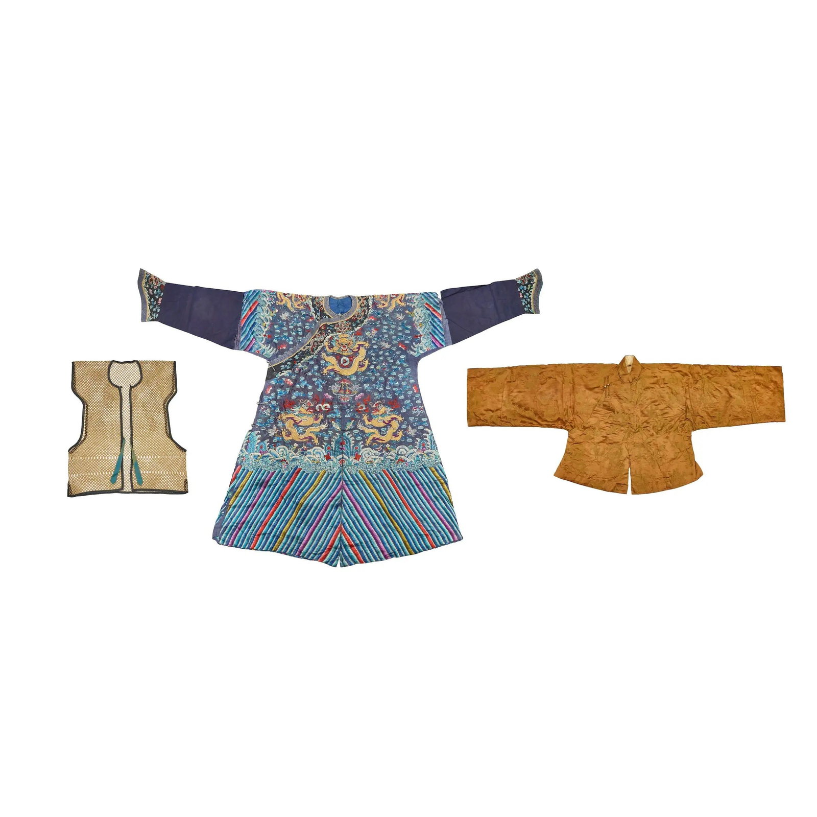A BLUE GAUZE DRAGON ROBE, A BROCADE WINTER JACKET AND A BAMBOO VEST Late Qing Dynasty (1 of 1)