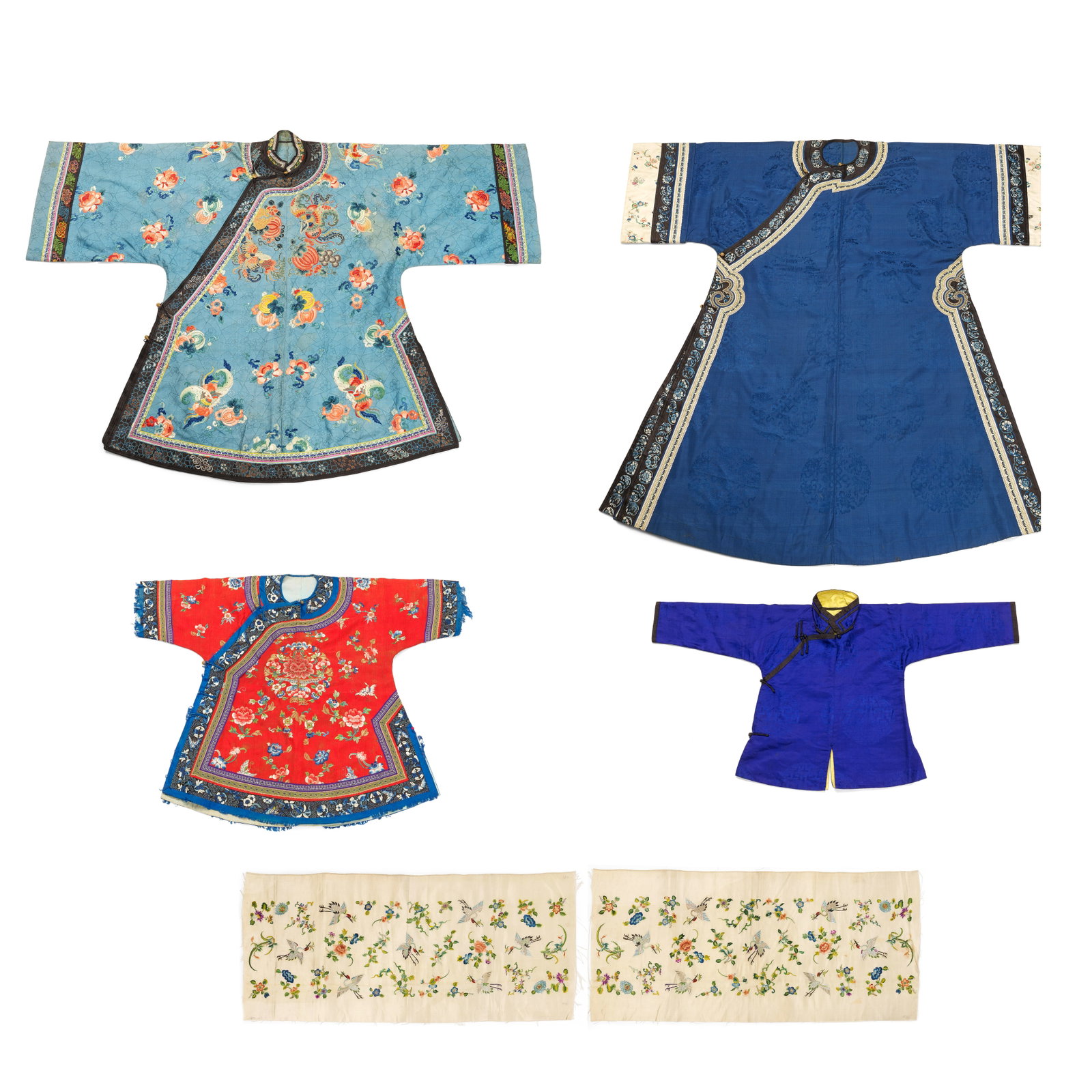 A GROUP OF ROBES AND TEXTILES Late Qing Dynasty to 20th century (6): A GROUP OF ROBES AND TEXTILES Late Qing Dynasty to 20th century Comprising: a red silk embroidered child's robe decorated with flower basket medallions amongst scattered flower sprays and butterflies,