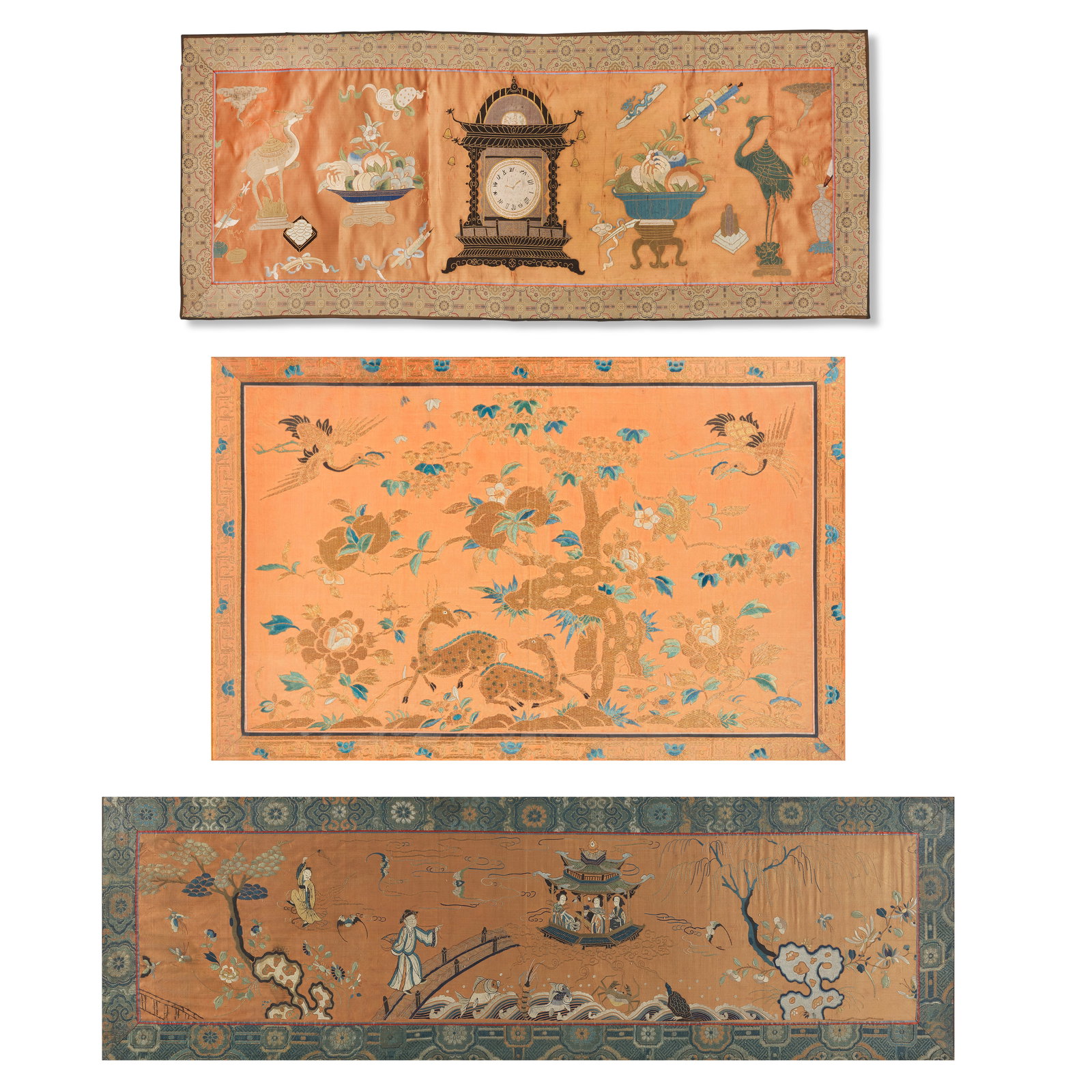 THREE APRICOT-GROUND EMBROIDERED SILK PANELS 19th century (3): THREE APRICOT-GROUND EMBROIDERED SILK PANELS 19th century Comprising: an embroidered silk panel depicting various antiques including a Western-style clock; a silk panel embroidered in gold-couched thr