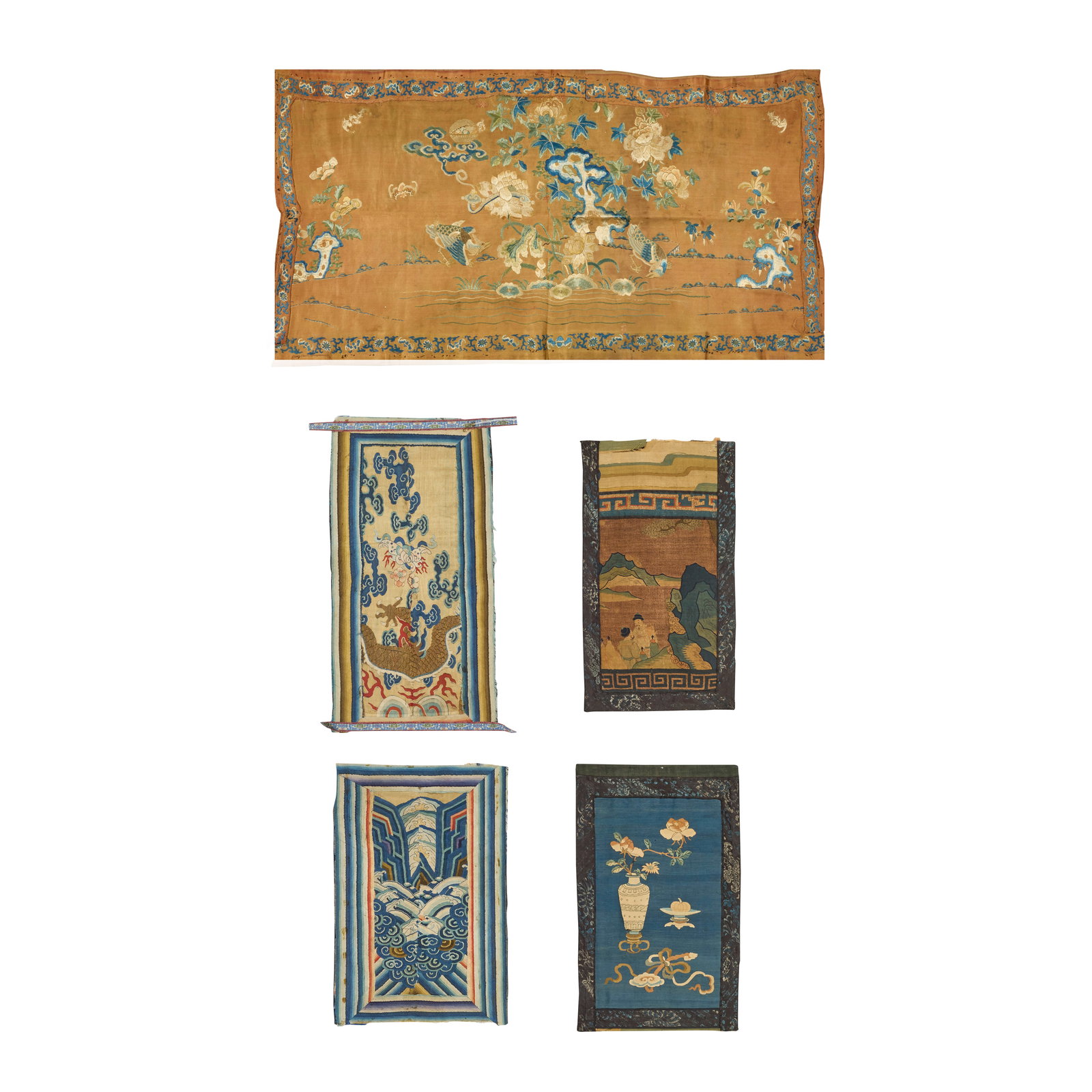 FOUR KESI PANELS AND A SILK EMBROIDERED FLORAL LANDSCAPE PANEL 18th century (5): FOUR KESI PANELS AND A SILK EMBROIDERED FLORAL LANDSCAPE PANEL 18th century The kesi fragmentary panels variously depicting figures in a landscape, a dragon section amongst clouds and flames, cloud sc