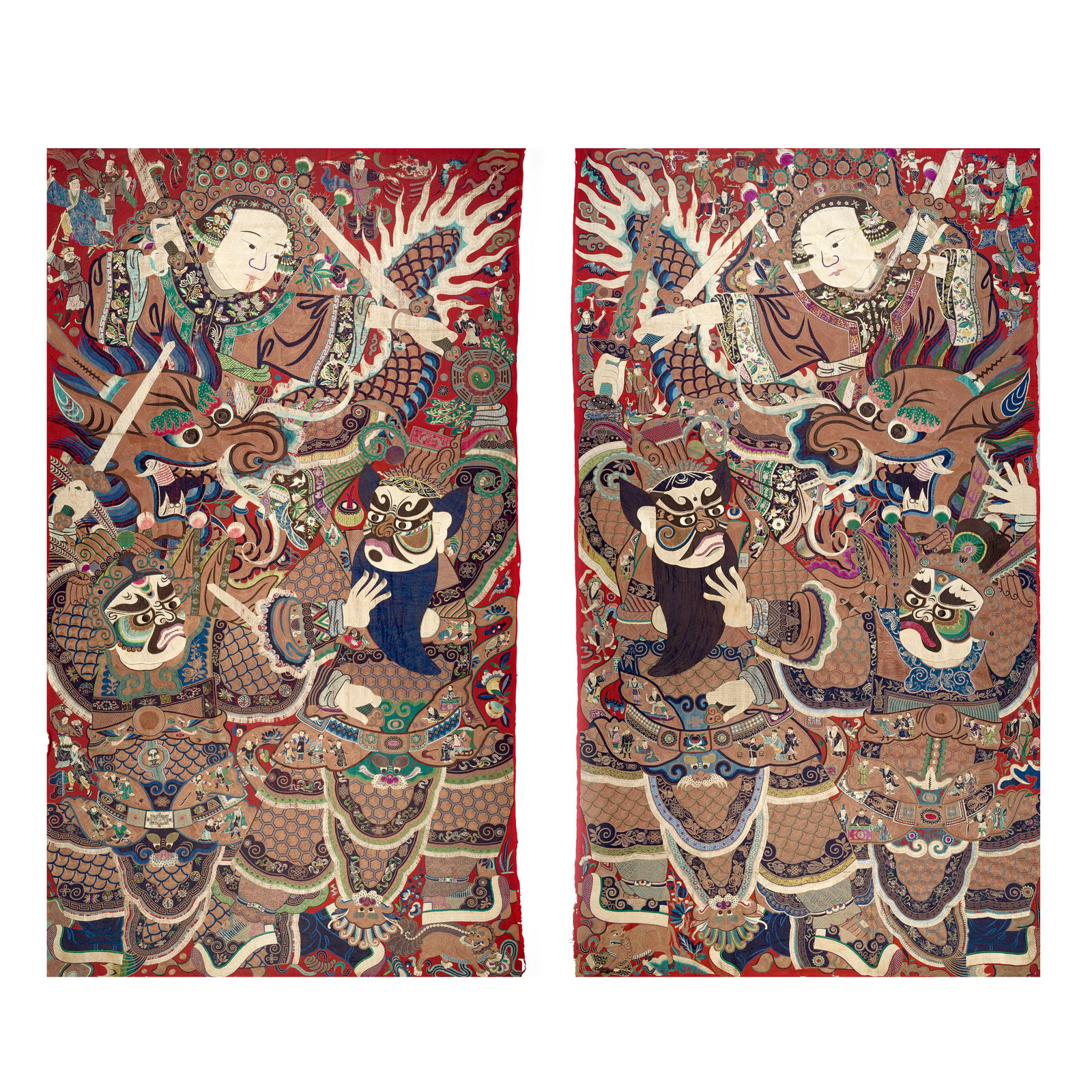 A PAIR OF OPERA WALL HANGINGS Circa 1900 (2): A PAIR OF OPERA WALL HANGINGS Circa 1900 Each embroidered with a dragon head surrounded by two warriors and a lady, the shaped panels on the warriors' armours enclosing a myriad of dramatic scenes, de