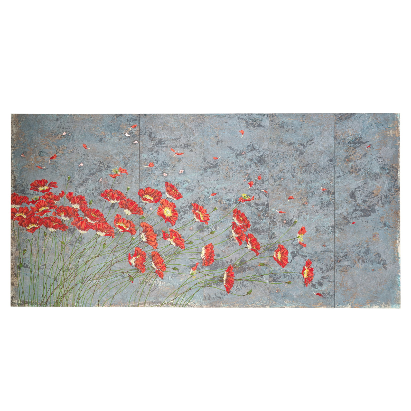 KAZUKO SHIIHASHI (1954-) Afternoon Breeze, 2007: KAZUKO SHIIHASHI (1954-) Afternoon Breeze, 2007 A six-panel screen, natural mineral pigment on Japanese handmade crushed paper. 90cm (35 1/2in) high × 180cm (70 7/8in) wide. Footnotes: 椎&#