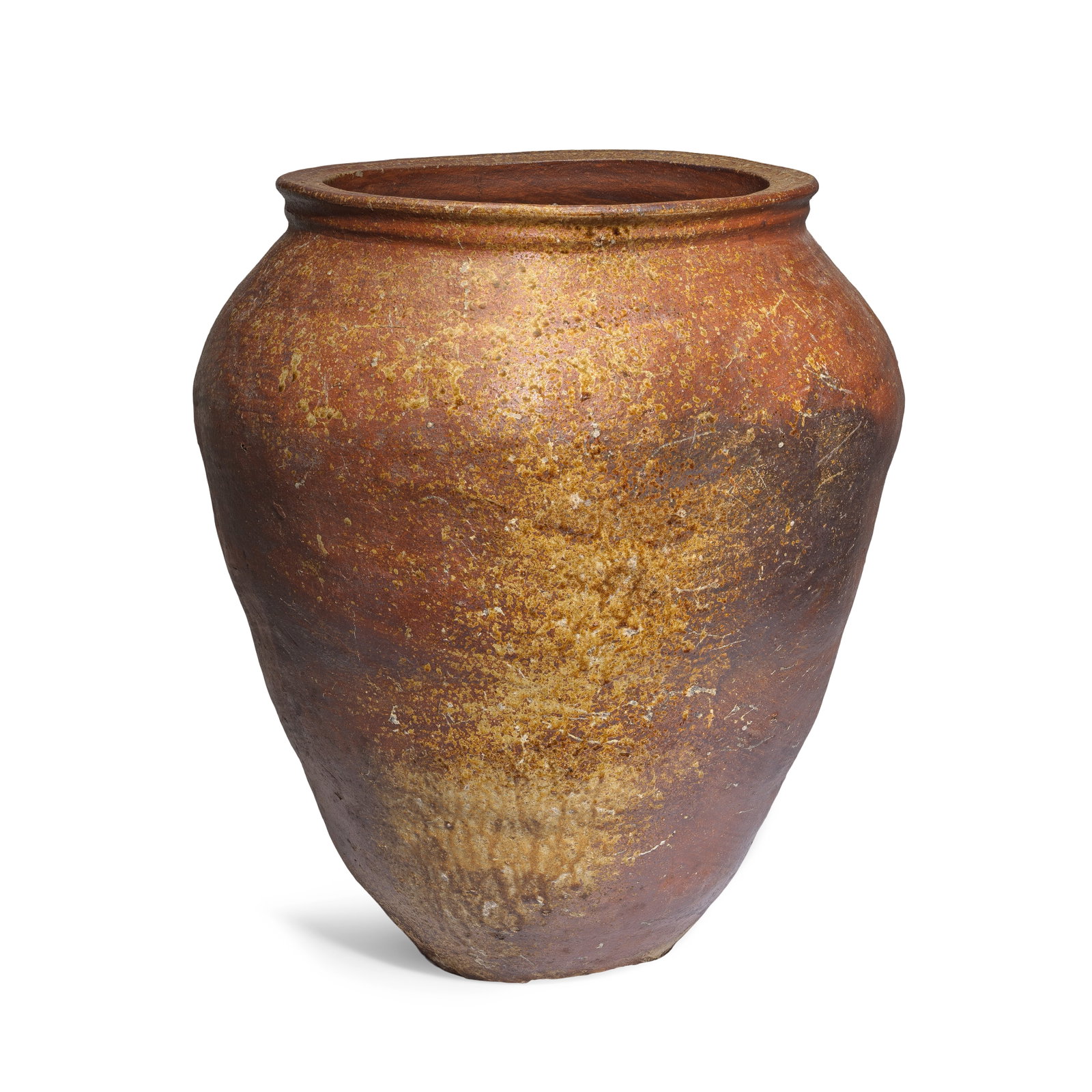 A LARGE STONEWARE STORAGE JAR, ECHIZEN WARE Edo period, 18th century: A LARGE STONEWARE STORAGE JAR, ECHIZEN WARE Edo period, 18th century Thickly potted with wide shoulders rising to a short ribbed neck, all covered with an iron rich glaze applied with cream and olive 