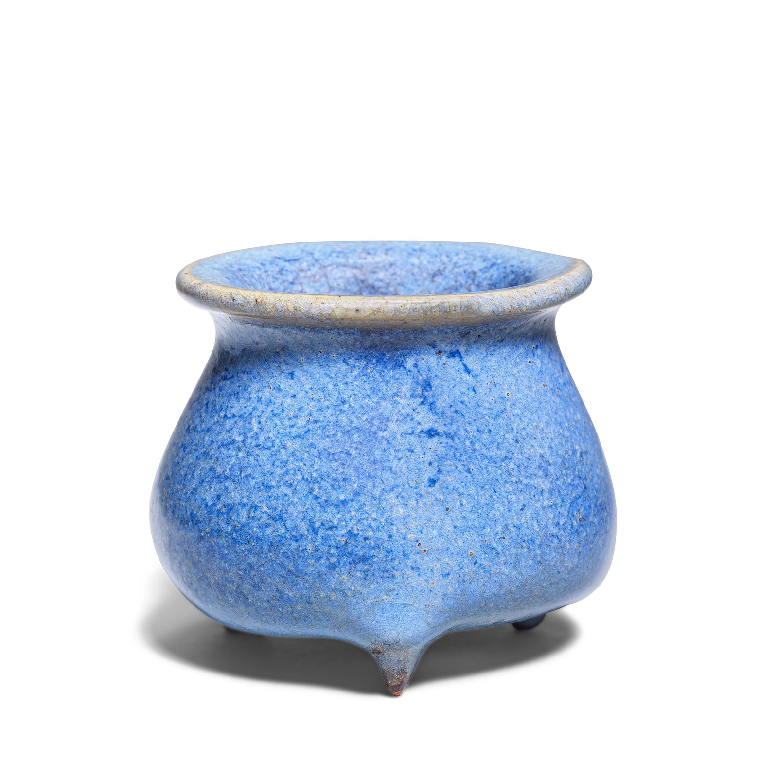 A JUNYAO INCENSE BURNER Song Dynasty or later (2): A JUNYAO INCENSE BURNER Song Dynasty or later The compressed globular body resting on three short legs, rising to a waisted neck and everted rim, Japanese metal cover, with a signed Japanese wood box 