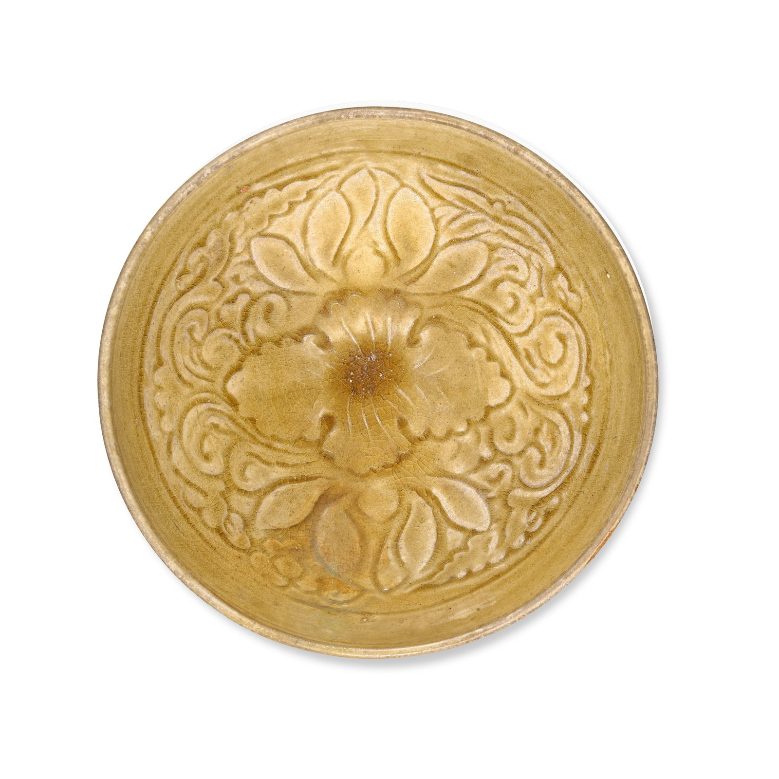 AN ANNAMESE OLIVE-GLAZED 'FLORAL' DISH Vietnam, 13th/14th century: AN ANNAMESE OLIVE-GLAZED 'FLORAL' DISH Vietnam, 13th/14th century Decorated with lotus flowers and leaves to the interior, covered overall in a thick olive green glaze, falling irregularly above the f
