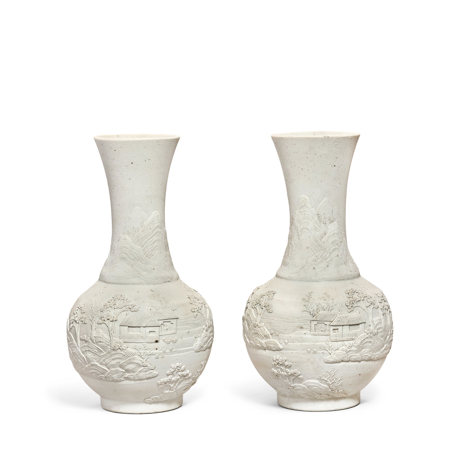A PAIR OF CARVED WHITE BISCUIT VASES Late Qing Dynasty (2): A PAIR OF CARVED WHITE BISCUIT VASES Late Qing Dynasty Each with a rounded body rising from a short, straight foot to a waisted neck flaring gently at the rim, the exterior moulded in relief with a co