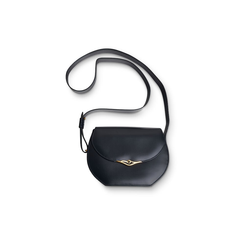 CARTIER | SAPPHIRE LINE SHOULDER BAG: CARTIER | SAPPHIRE LINE SHOULDER BAG - smooth black leather handbag with gold tone clasp - single adjustable shoulder strap - black leather and fabric interior - hardware signed Cartier Paris -