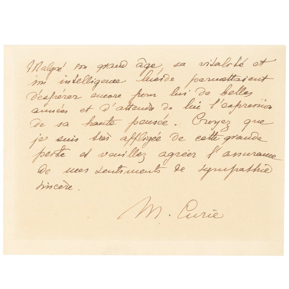 CURIE (MARIE) Autograph postcard signed ('M. Curie') to an unknown recipient ('Chère Madam...: CURIE (MARIE) Autograph postcard signed ('M. Curie') to an unknown recipient ('Chère Madame'), in French, sending sympathies on the death of M. Clemenceau, expressing her love and sorrow and spea