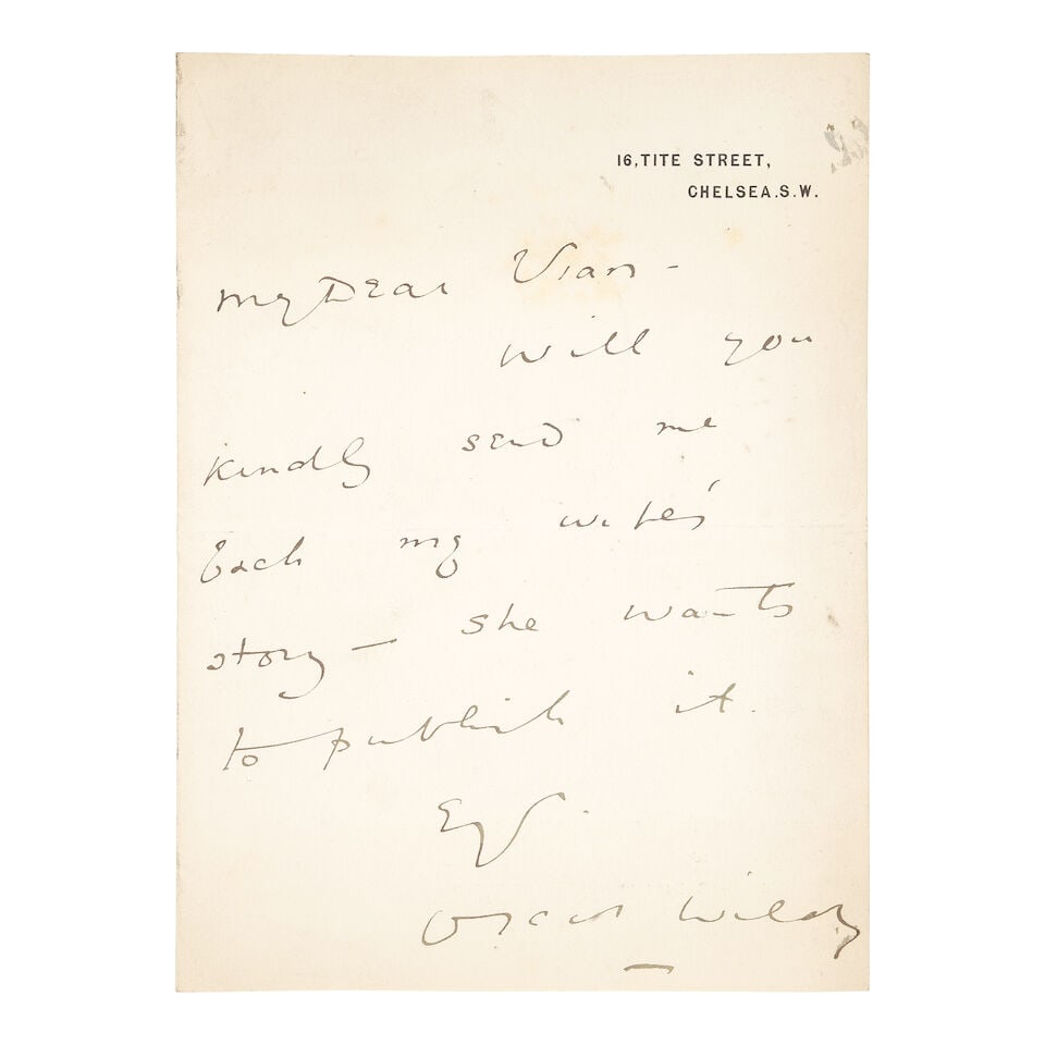 WILDE (OSCAR) Autograph letter signed ('Oscar Wilde') to Alsagar Vian, Tite Street, Chelsea, [n.... (1 of 1)