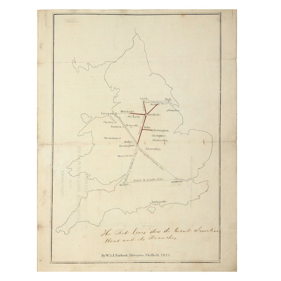 RAILWAYS Prospectus of the Grand Junction Rail-Road Company 1825, Sheffield, Printed by James Mo...: RAILWAYS Prospectus of the Grand Junction Rail-Road Company 1825, bifolium, engraved map of England showing the Grand Junction and its branches hand-coloured in red, contemporary ink inscriptions (one