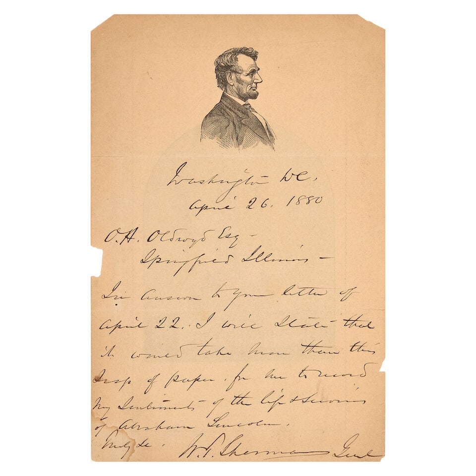 AMERICA - SHERMAN (WILLIAM T.) Autograph letter signed to Osborn Hamiline Oldroyd, Washington D.... (1 of 2)