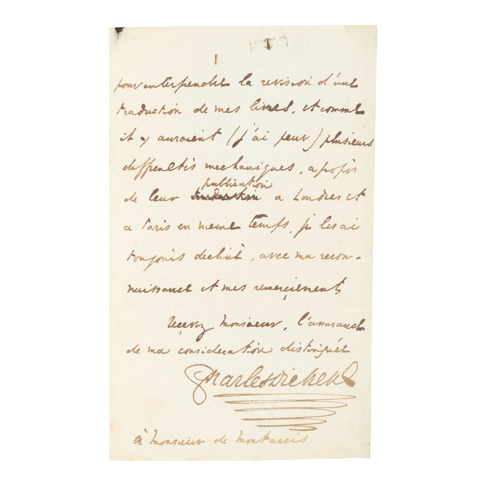 DICKENS (CHARLES) Autograph letter signed ('Charles Dickens') to A.R. de Montarcis ('Monsieur'),... (1 of 1)
