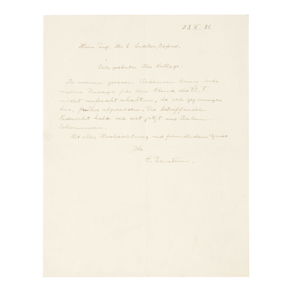 EINSTEIN (ALBERT) Autograph letter signed to Professor Sadler [n.p. but Oxford], 23 May [19]31 (1 of 1)