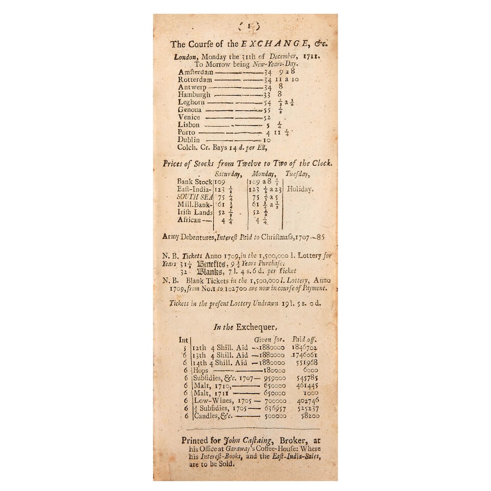 CASTAING (JOHN) The Course of the Exchange, &c., no. 1-104, for John Castaing, Broker, at his Of... (1 of 2)