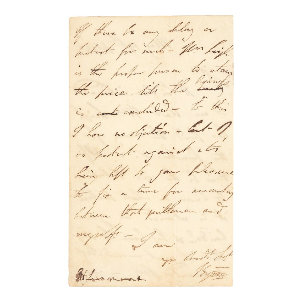 BYRON (GEORGE GORDON, LORD) Autograph letter signed ('Byron') to Mr Lunmoor? ('Sir'), [n.p., bu... (1 of 1)