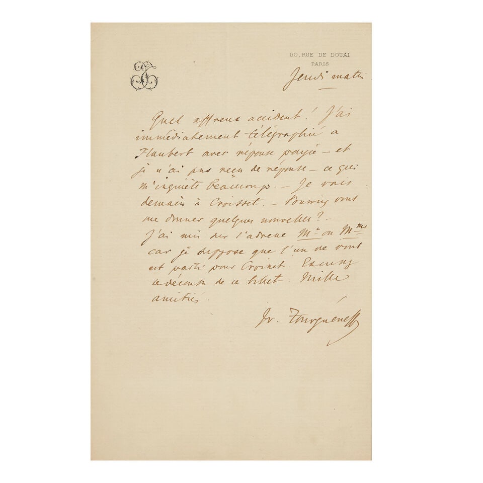 TURGENEV (IVAN) Autograph letter signed ('Iv. Tourgueneff') to an unknown recipient [possibly Ca... (1 of 1)
