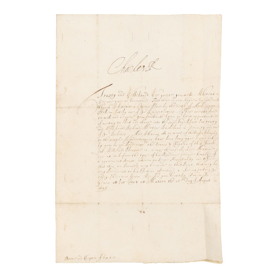 ENGLISH CIVIL WAR Two royal documents signed relating to Richard Mervyn of Devon, 1643 and 1645,... (1 of 3)