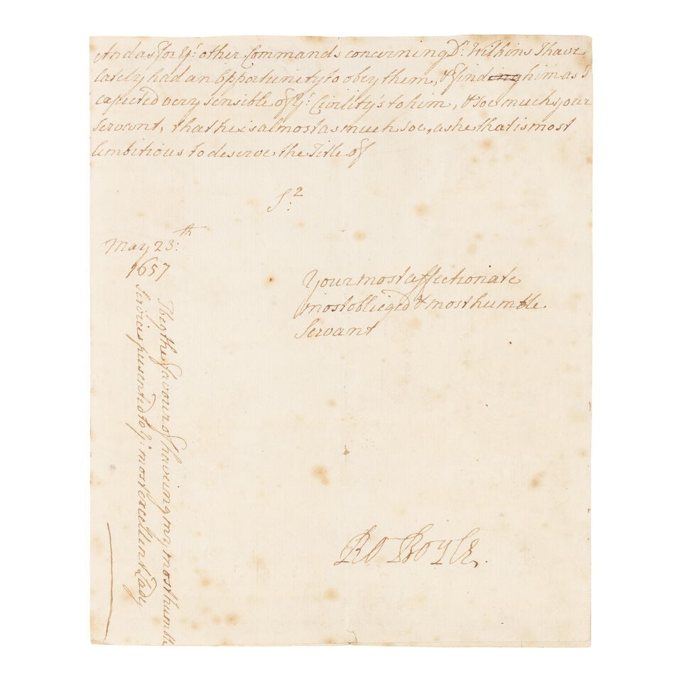 BOYLE (ROBERT) Letter signed ('Ro Boyle') to John Evelyn ('Sir'), [n.p., but Oxford], 23 May 1657 (1 of 2)