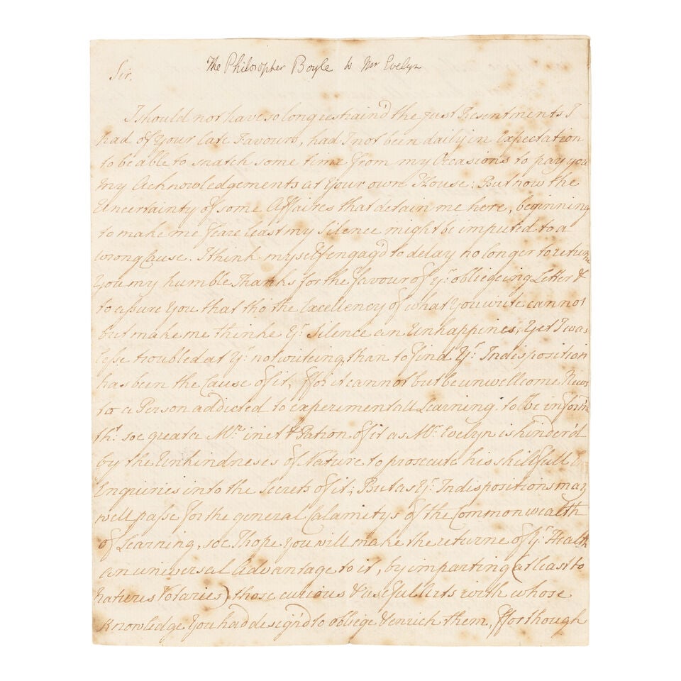 BOYLE (ROBERT) Letter signed ('Ro Boyle') to John Evelyn ('Sir'), [n.p., but Oxford], 23 May 1657 - 2