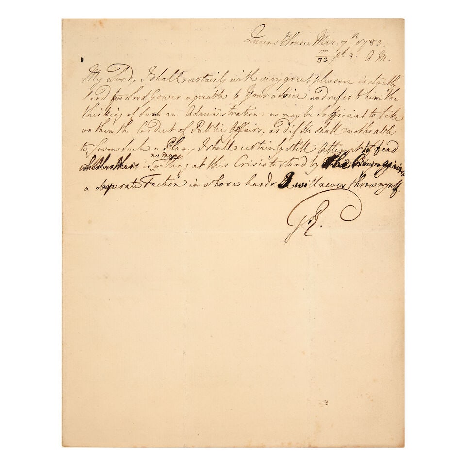 GEORGE III Autograph letter signed with initials ('G.R.') to an unknown recipient ('My Lord'), Q... (1 of 1)