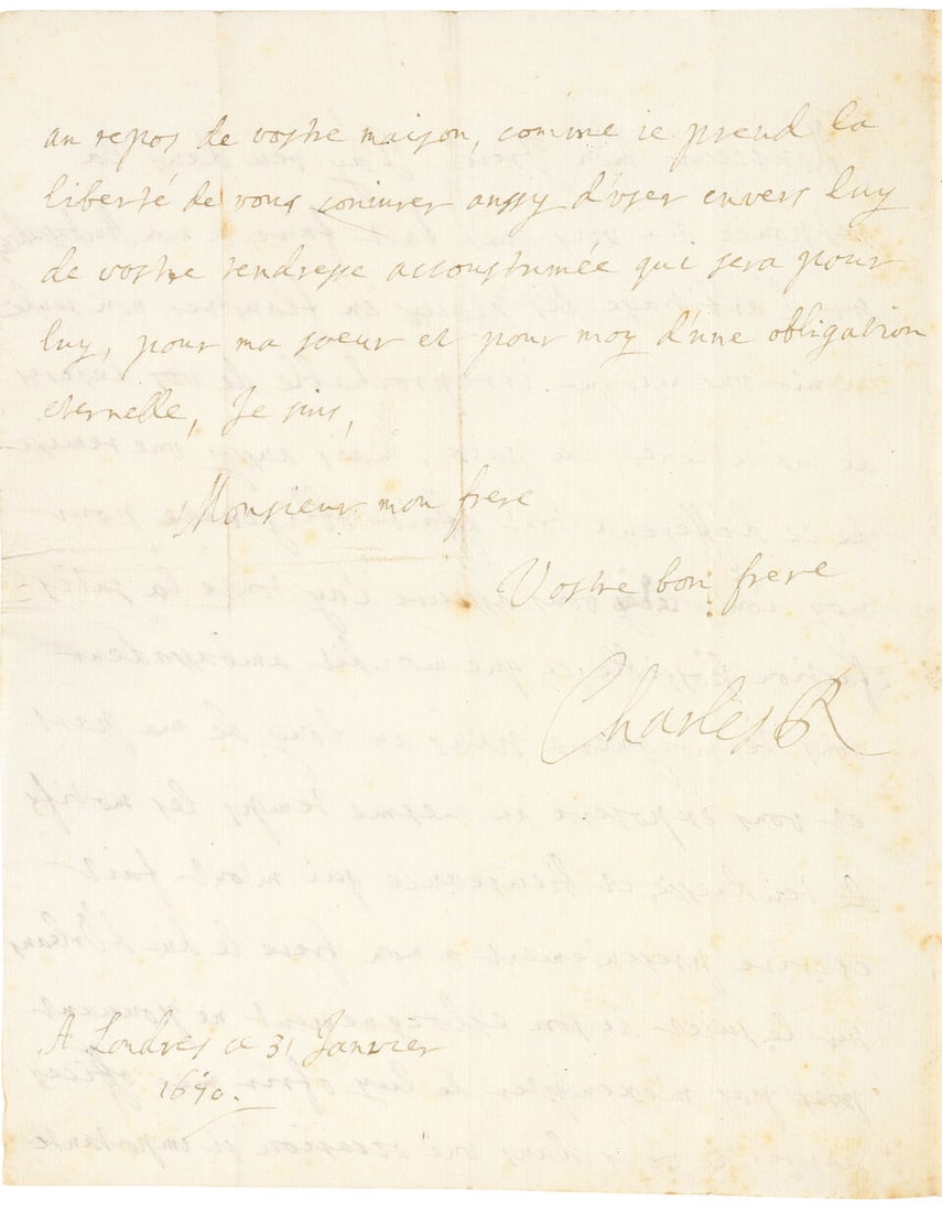 CHARLES II Autograph letter signed ('Charles R') to Louis XIV ('Monsieur mon Frère'), 31 J... - 2