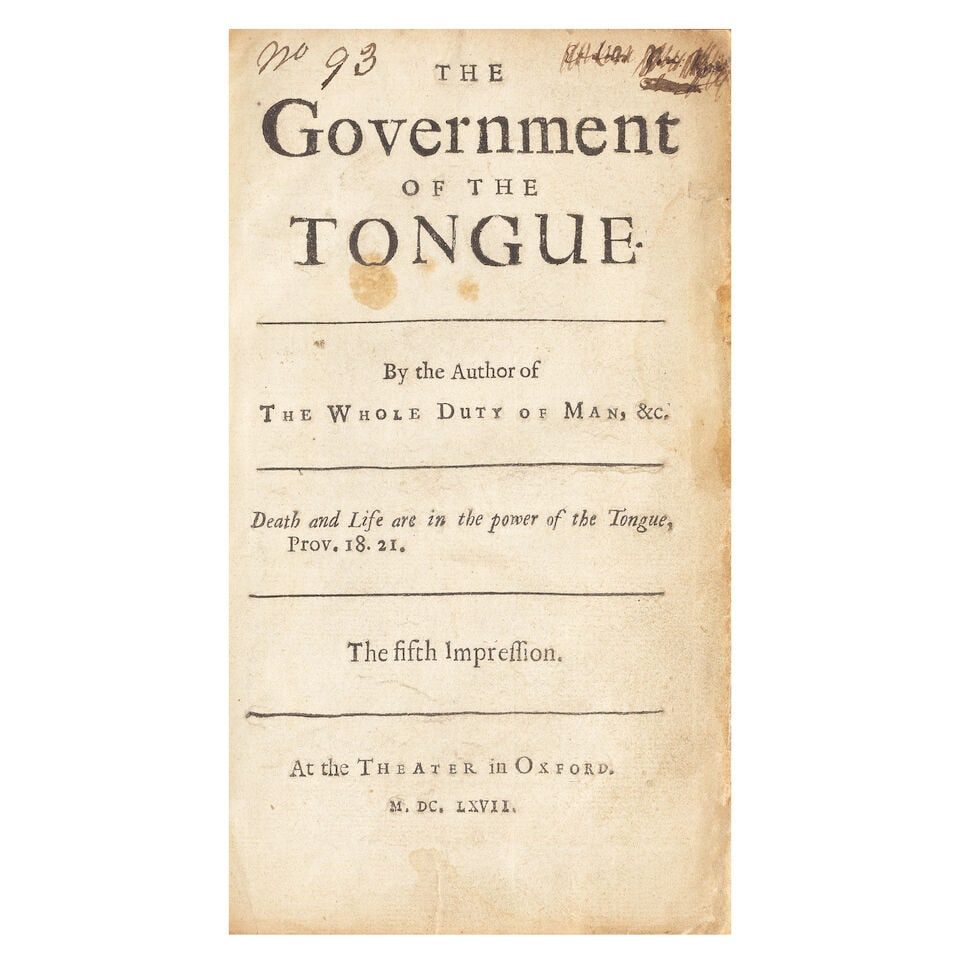 RESTORATION BINDING ALLESTREE (RICHARD) The Government of the Tongue... the Fifth Impression, Ox... - 2