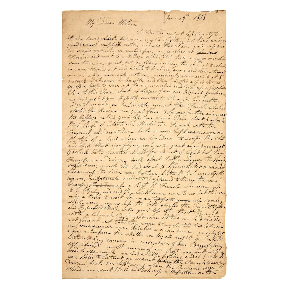 WATERLOO - QUATRE BRAS AND HOUGOUMONT Autograph letter signed from Ensign Thomas Wedgwood of the... (1 of 1)