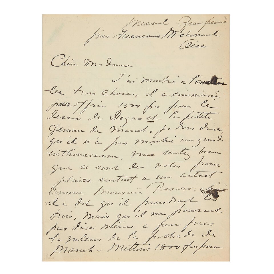 CASSATT (MARY) Autograph letter signed to Julie Pissarro, Mesnil Beaufrance, [n.d. but end Novem... (1 of 1)