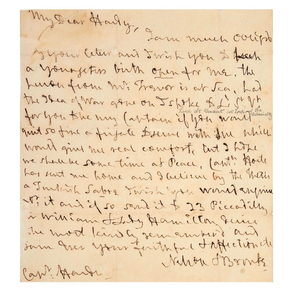 NELSON (HORATIO) Autograph letter signed to Thomas Masterman Hardy, [n.p. but Merton], 21 Janua... (1 of 1)