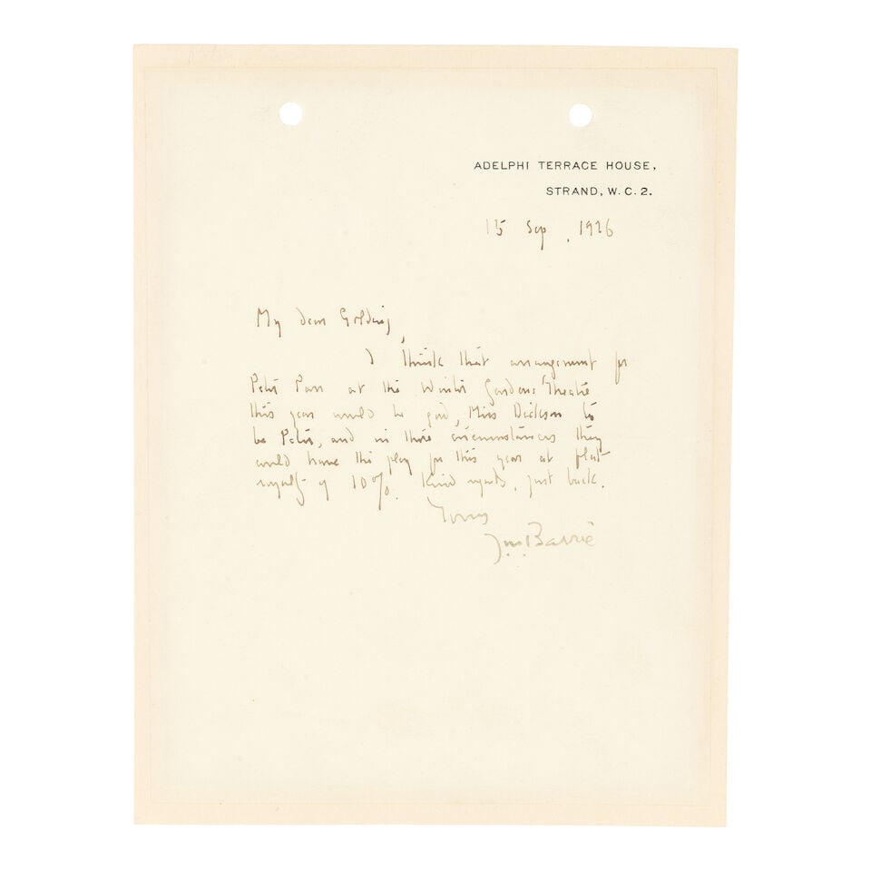 BARRIE (J.M.) Autograph letter signed ('J.M. Barrie') to Reginald Golding Bright ('My dear Goldi... (1 of 1)