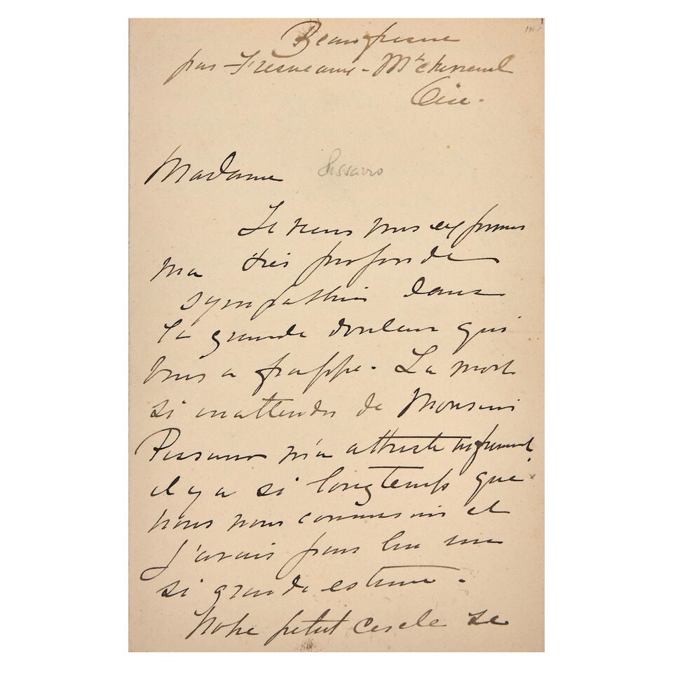 CASSATT (MARY) Autograph letter signed to Julie Pissarro, Beaufresne par Fresneaux- Montchevreu... (1 of 1)