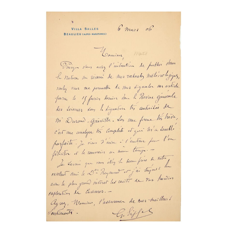 EIFFEL (GUSTAVE) Autograph letter signed ('G.Eiffel') to M. Martel ('Monsieur'), Villa Salles, B... (1 of 1)