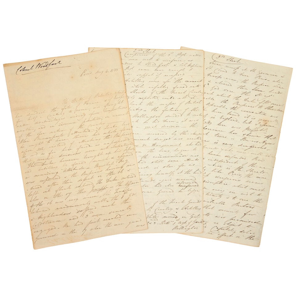 WATERLOO - HOUGOUMONT AND PARIS Manuscript first-hand account by Col.Aexander George Woodford, c... (1 of 1)