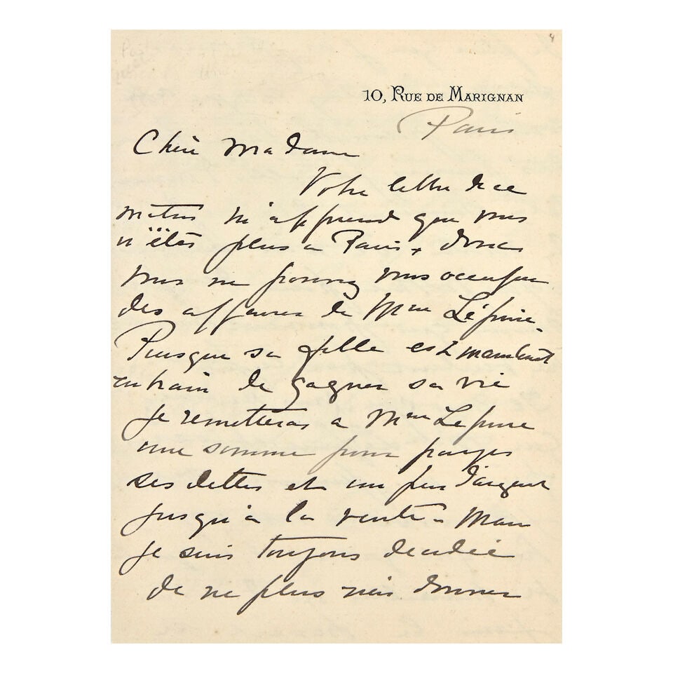 CASSATT (MARY) Autograph letter signed to an unknown recipient, rue de Marignan, Paris, 'Mercredi' (1 of 1)