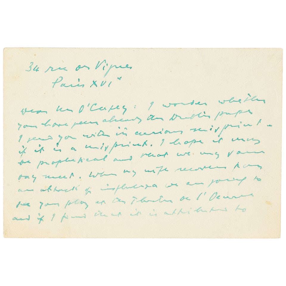 JOYCE (JAMES) Autograph postcard signed to Sean O'Casey, 34 rue des Vignes, Paris, [n.d. postma... - 2
