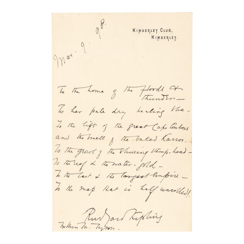 KIPLING (RUDYARD) Autograph verse from 'The Native-Born' signed, Kimberley, 9 March [18]98 (1 of 1)