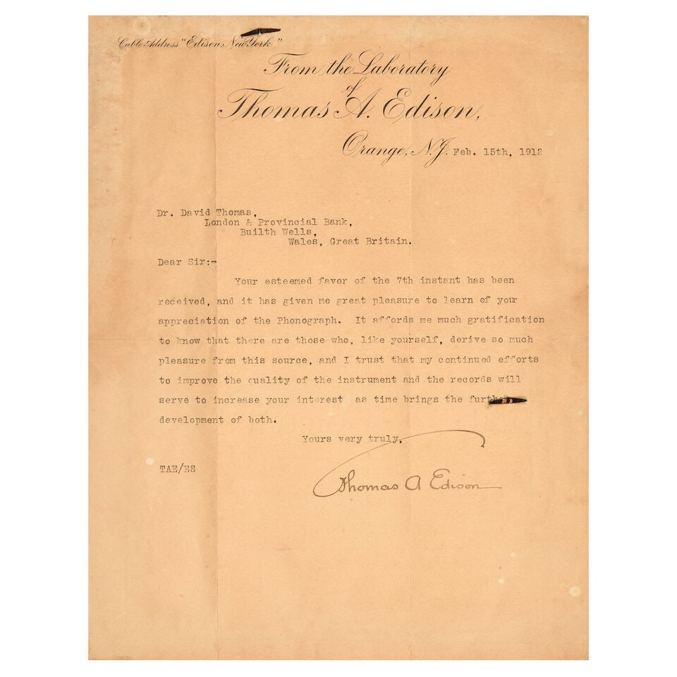 EDISON (THOMAS) Typed letter signed ('Thomas A. Edison') to Dr David Thomas of Builth Wells ('De... (1 of 1)